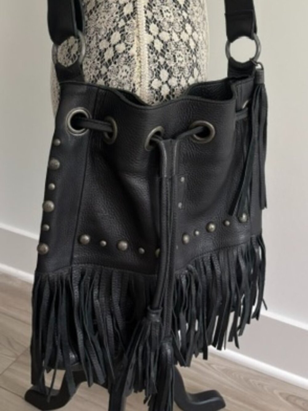 STS Ranchwear Black Pebbled Leather Shoulder/Crossbody Drawstring Fringe Bag